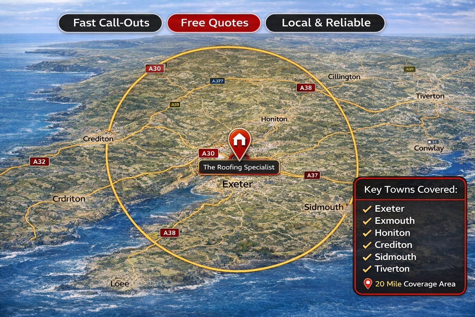 The Roofing Specialist - Areas We Cover (20 Mile Radius) - Exeter